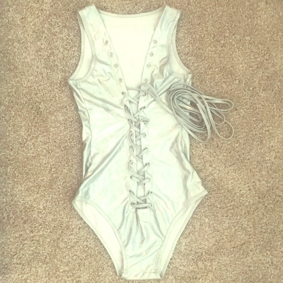 Foil Hologram Lace Up Bodysuit - Picture 2 of 4